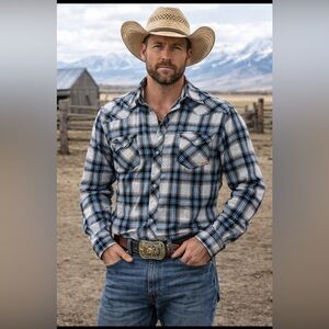 Wrangler Wrancher Men’s XL Blue Black Plaid Pearl Snap Western Shirt Long Sleeve